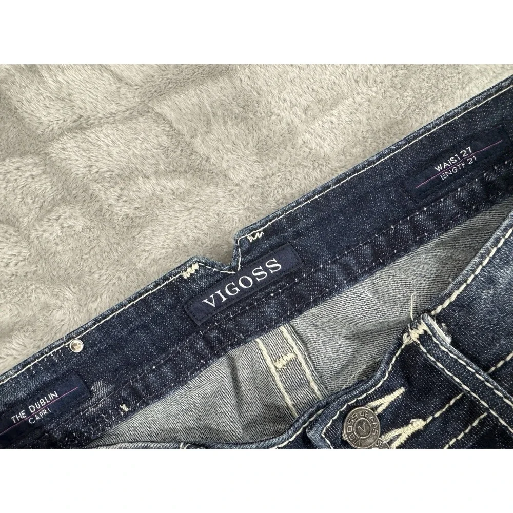 Vigoss Capri Jeans Womens W27 L21 Dublin Thick Stitch Embellished Whiskered Blue